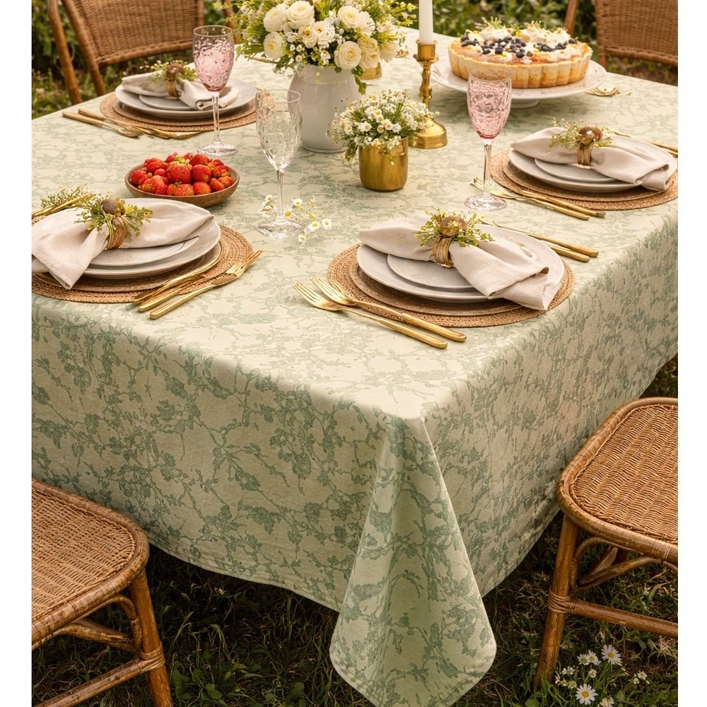 Green Botanical Toile Print Tablecloth‎ Floral Leaf Vine Rectangular Linens